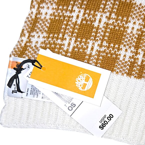 Timberland Plaid Knit Scarf Tan Beige White Acrylic Warm Winter Unisex Fashion - Picture 2 of 9